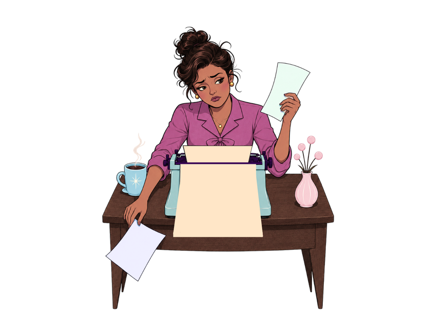 A woman at a desk holding event papers, looking concerned.