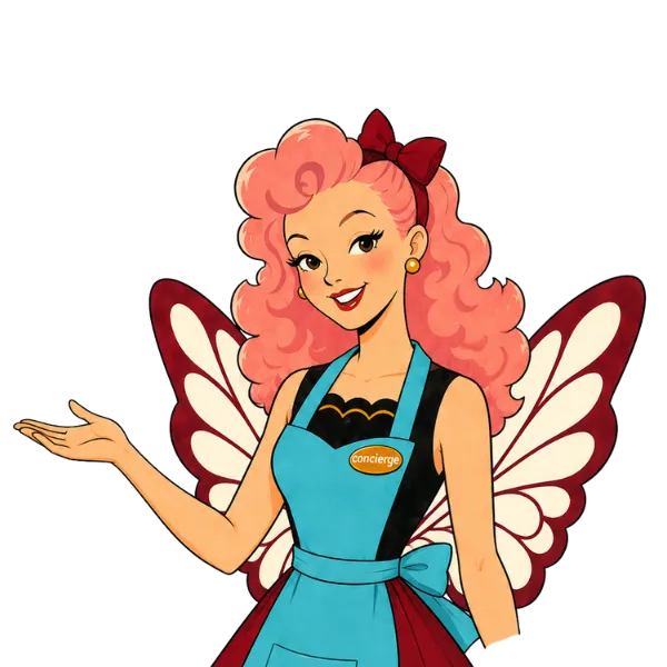 Fae, the Happily Ever Laughter Parties concierge faerie, gesturing toward the question.