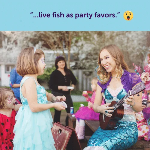 A performer dressed as a mermaid playing a ukulele for children at a colorful party, with a live fish as a quirky party favor idea.