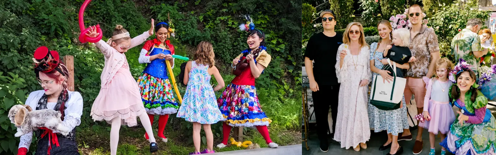 Costumed performers entertaining children with games and activities at a country club event.