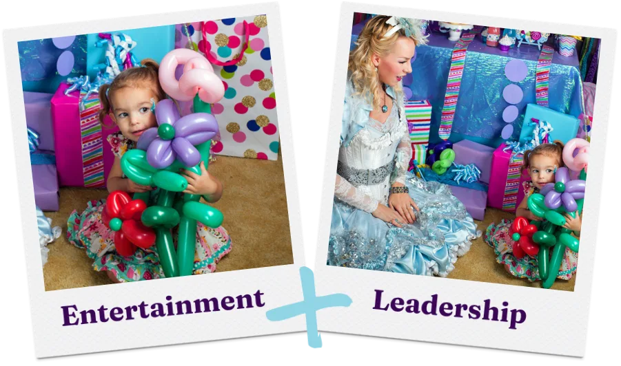 Two polaroid photos of a Happily Ever Laughter Parties balloon twister with children, captioned Entertainment and Leadership.