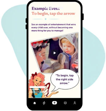A phone showing an interactive example event that begins when you tap the arrow.